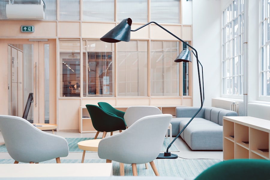 Shared coworking lounge with seating areas